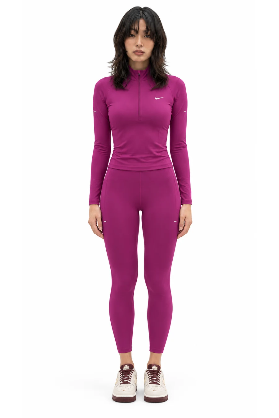 AI outfit preview: Nike Swift Women's Dri-FIT UV 1/4-Zip Running Top, Nike Swift Women's High-Waisted 7/8 Running Leggings with Pockets, Nike Air Force 1 '07 Women's Shoes
