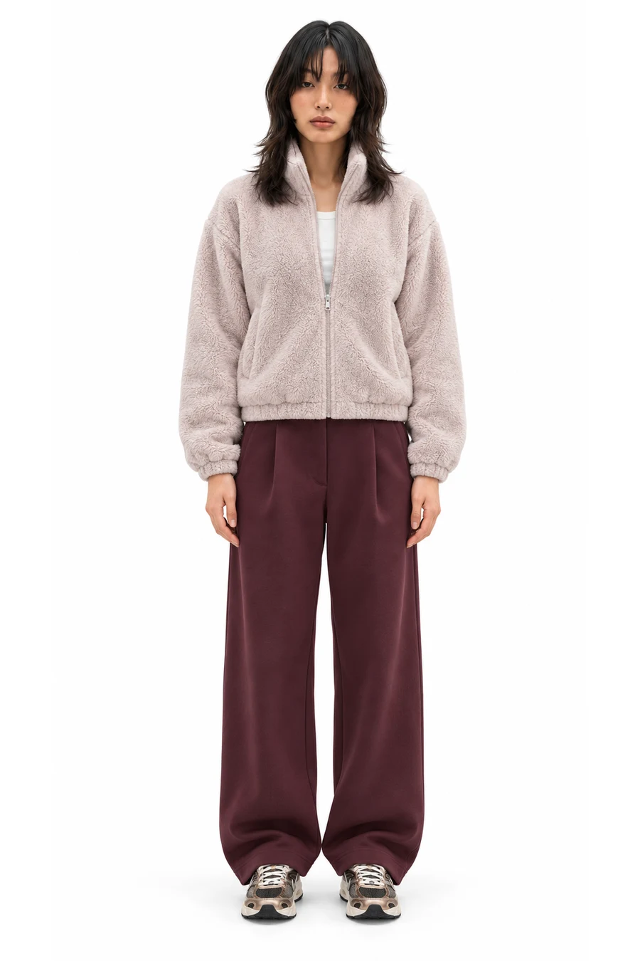 AI outfit preview: Nike Sportswear Essential Women's High-Pile Fleece Jacket, Nike Pregame Fleece Women's Loose Mid-Rise Trousers, Nike Air Max Moto 2K Women's Shoes with Reflective Accents