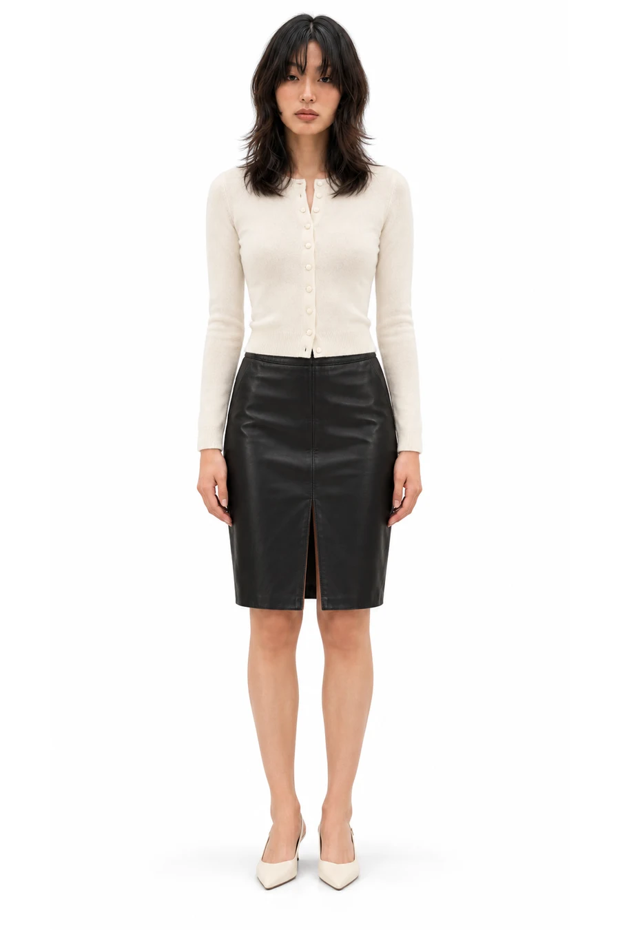 AI outfit preview: Caspia Cashmere Cropped Cardigan, Patti Leather Skirt, Women's Calista Leather Slingback Pumps