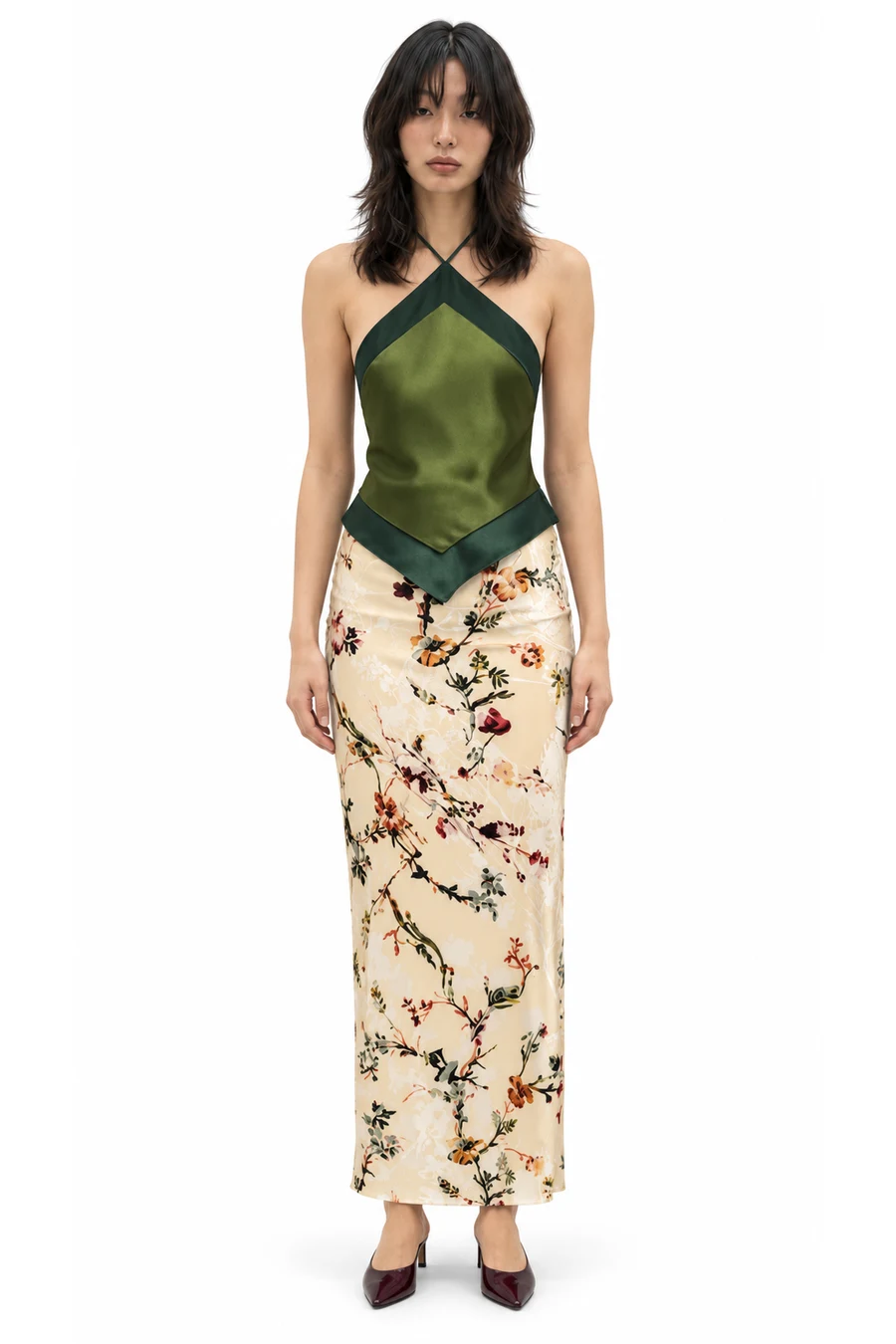 AI outfit preview: Jillian Silk Halter Top, Carolyn Skirt, Women's Inez Leather Mules