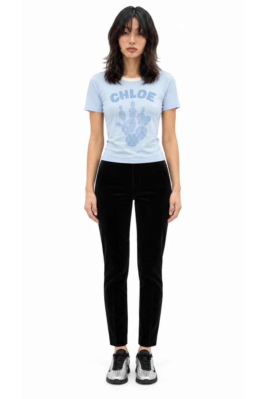 AI outfit preview: Chloé Blue Cactus Print Cotton Jersey T-shirt, Róhe Black Cigarette Leg Velvet Trousers, Silver & Black Air Superfly Sneakers