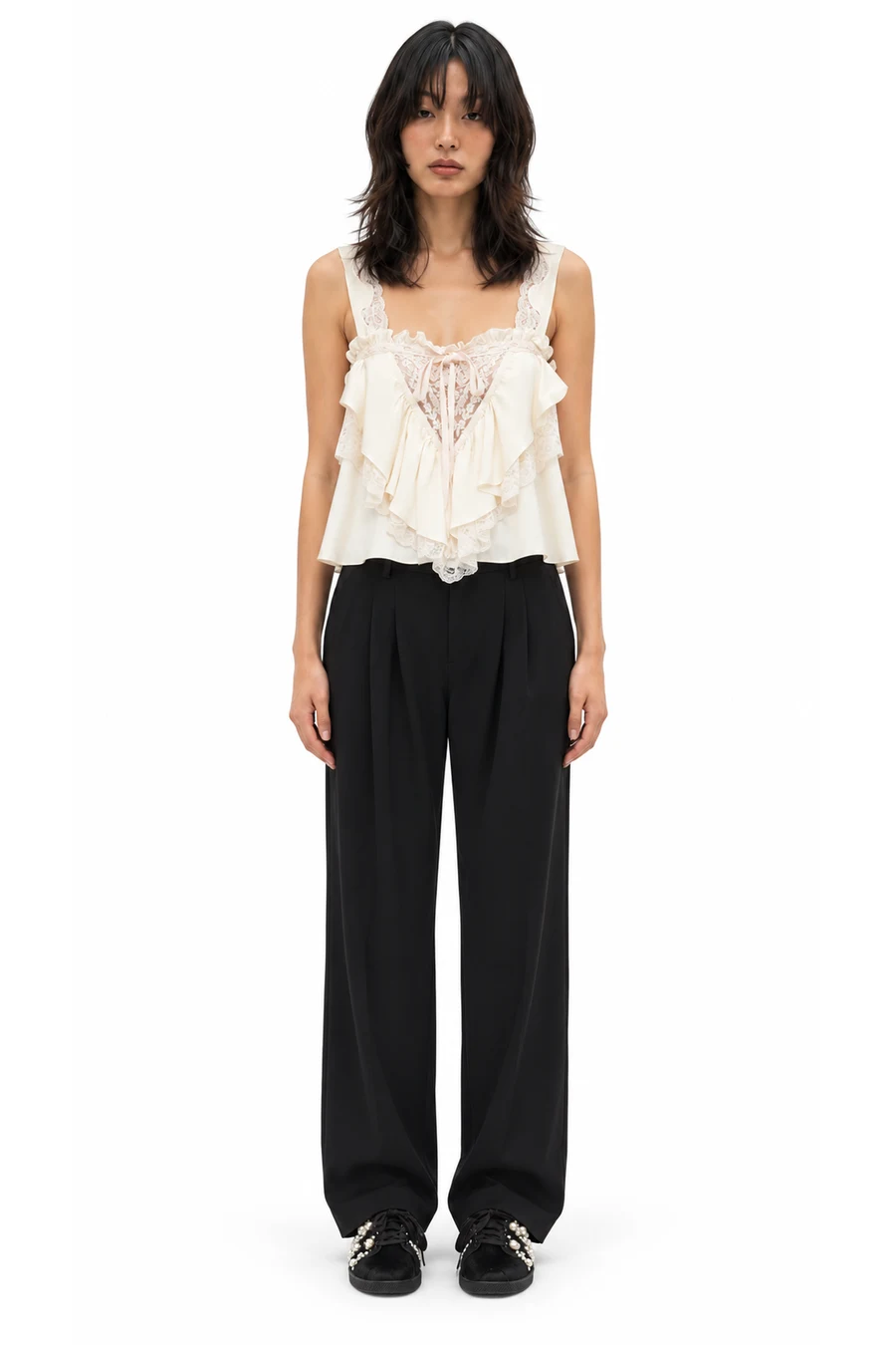 AI outfit preview: Chloé Off-White Sleeveless Ruffle Top, Isabel Marant Black Lyda Trousers, Black adidas Originals Edition Japan Slip-on Sneakers