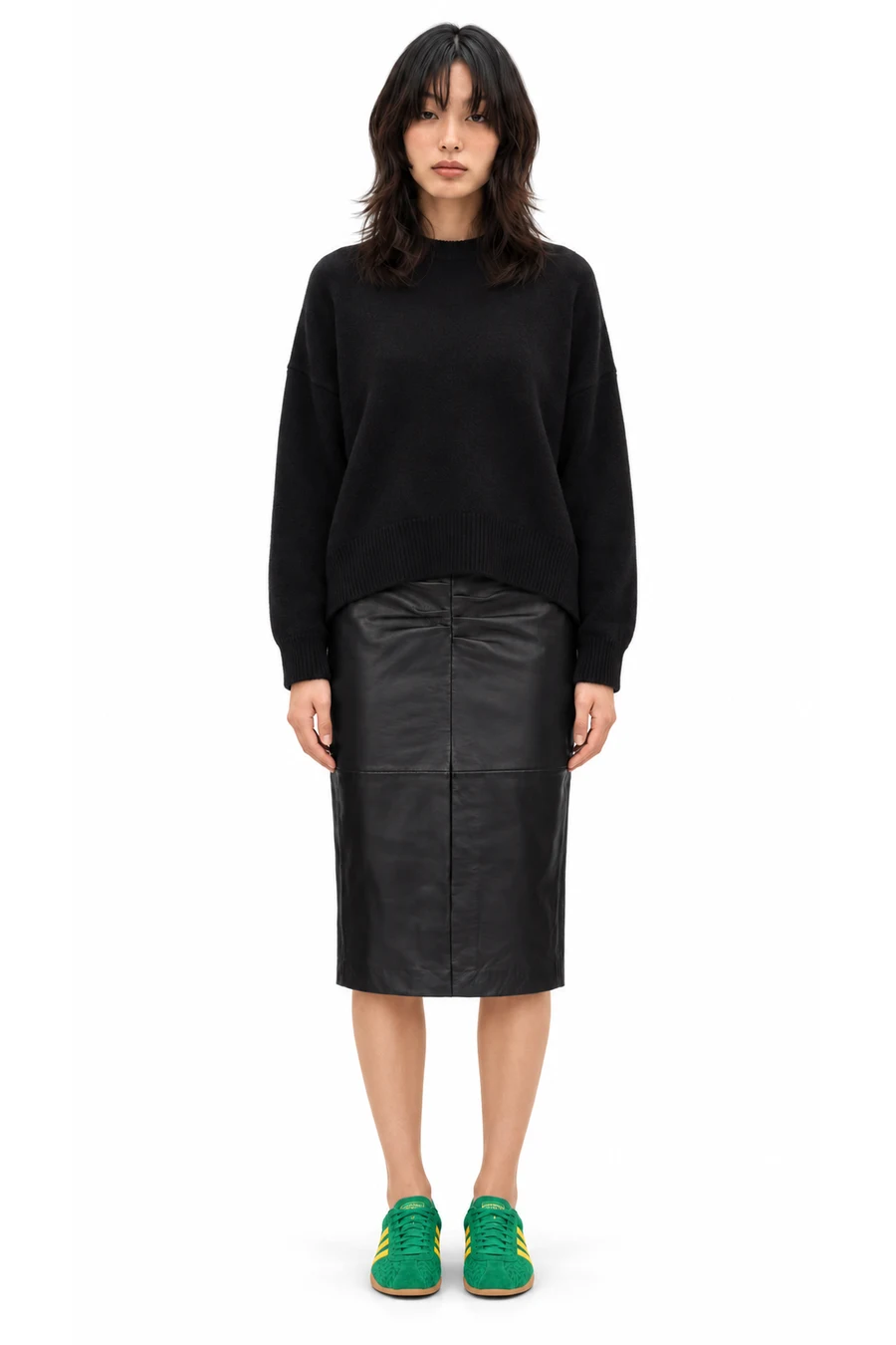 AI outfit preview: Róhe Gray Classic Crewneck Sweater, Isabel Marant Black Tuline Leather Midi Skirt, Green Tokyo Sneakers