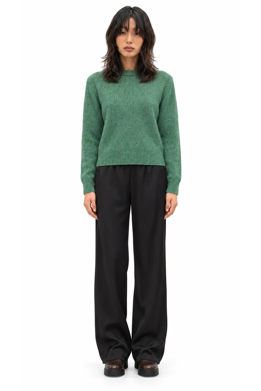 AI outfit preview: Róhe Green Fitted Mouliné Crewneck Sweater, Róhe Black Relaxed Fit Satin Trousers, Brown Kristel Tall Boots