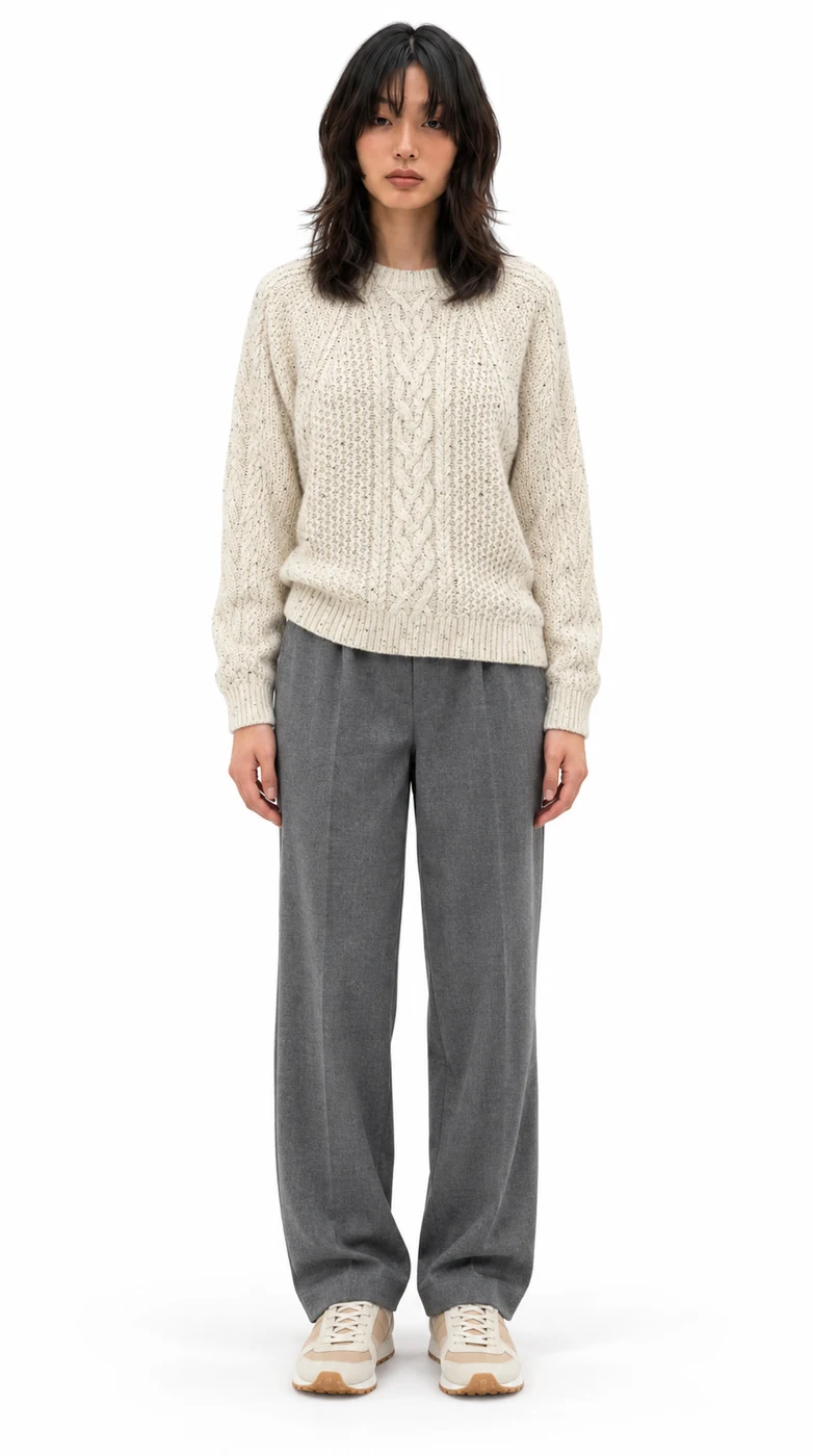 AI outfit preview: Cable Knit Sweater, Flannel Easy Pants, Combination Sneaker · Beige