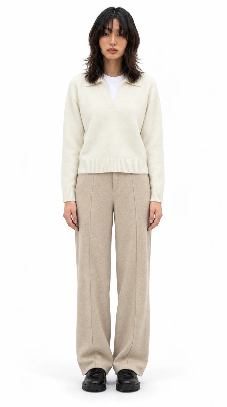 AI outfit preview: Soufflé Yarn Skipper Polo, Brushed Jersey Wide Pants, Lace Up Shoes · Black