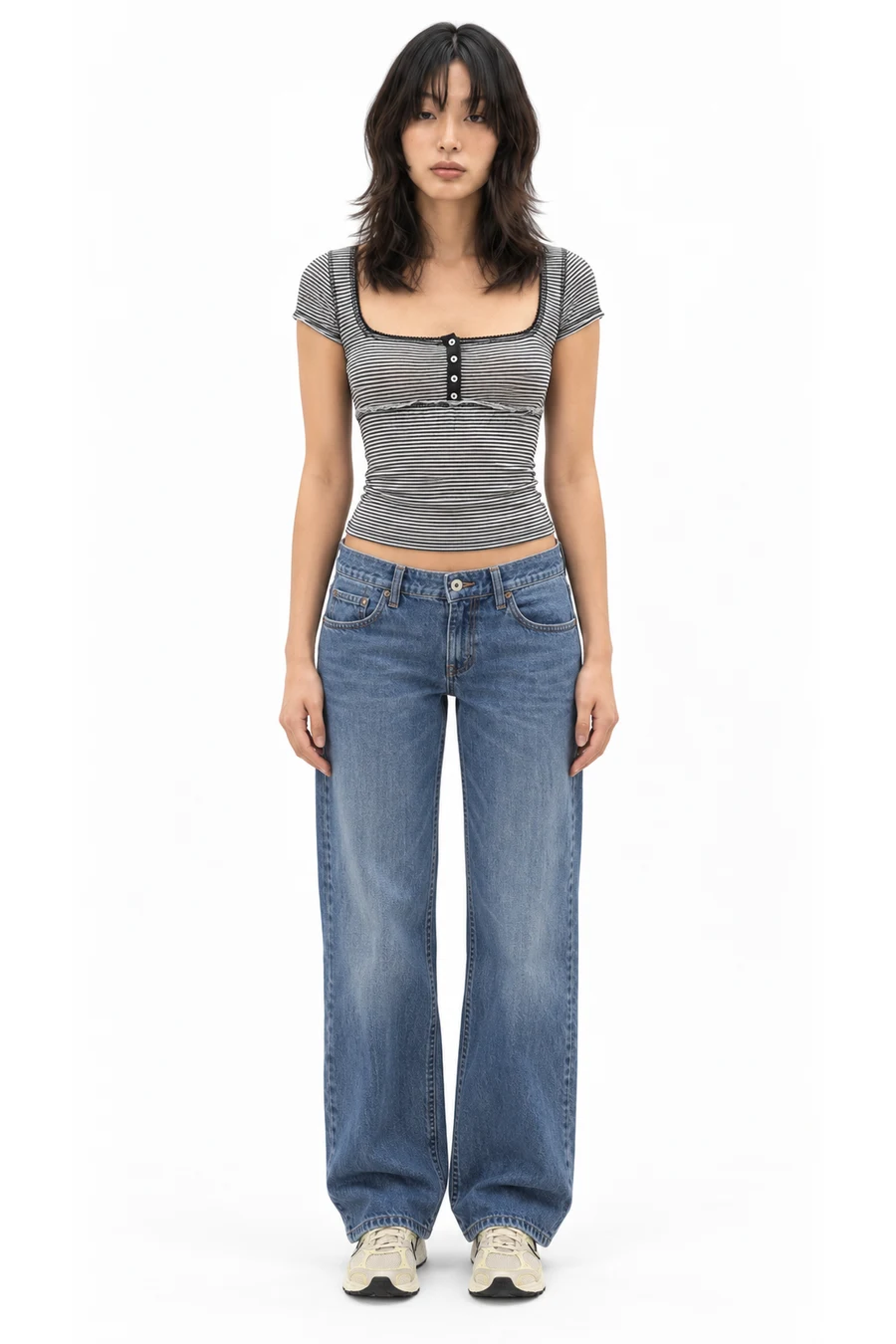 AI outfit preview: BDG Brittney Square Neck Henley Babydoll Tee, BDG Kayla Low-Rise Jeans, Nike Women's V5 RNR Sneakers