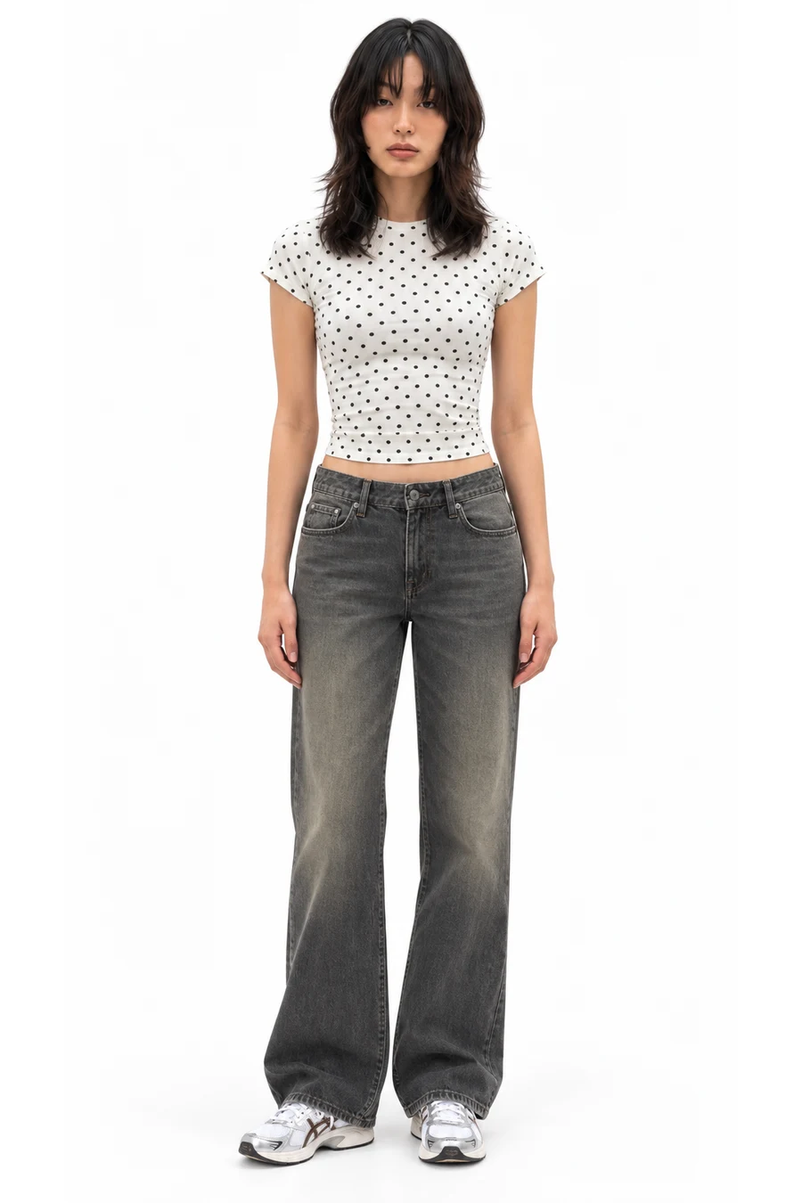 AI outfit preview: BDG Printed Short Sleeve Spill The Tee, BDG Slacker Relaxed Flare Jeans, ASICS GEL-1130 Mule Sneakers