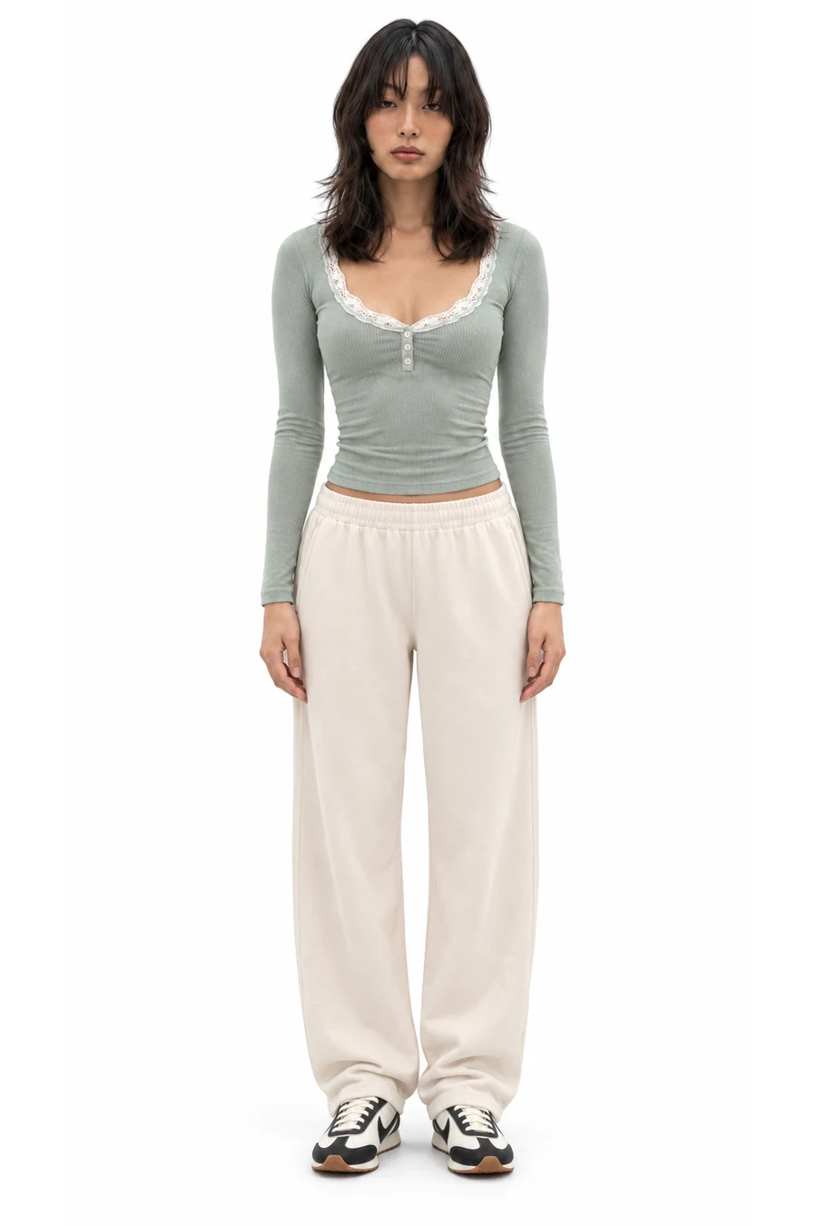 AI outfit preview: Out From Under Diana Layering Lace-Trim Henley Top, iets frans Harri Wide Leg Jogger Pants, Nike Women's Pacific Leather Sneakers