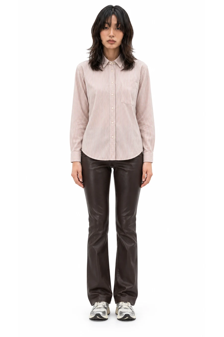 AI outfit preview: UO Relaxed Classic Oxford Shirt, BDG Kimmy Faux Leather Ultra Low-Rise Bootcut Pants, ASICS Gel-1130 Sneakers
