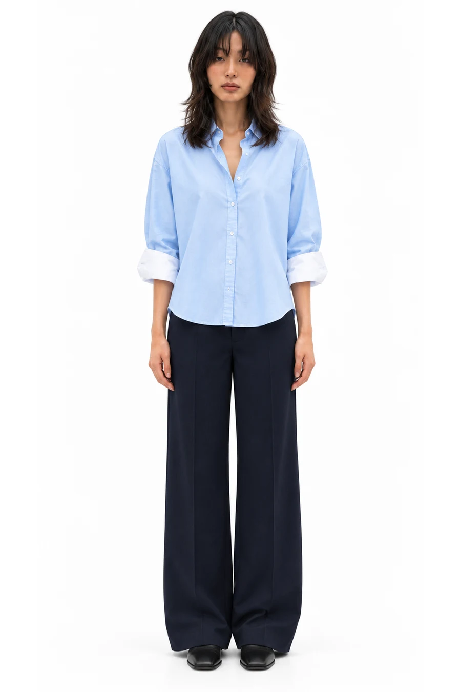 AI outfit preview: BASIC OXFORD SHIRT - Sky blue, ZW COLLECTION WIDE-LEG PANTS - Navy blue, STRETCH FLAT BOOTS - Black