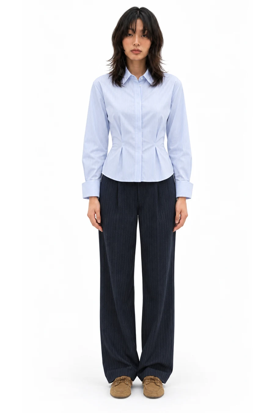 AI outfit preview: DARTED SHIRT WITH TURN-UP CUFFS - Blue / White, ZW COLLECTION HIGH-WAIST PANTS - striped, SUEDE NAUTICAL LOAFERS - Sandy Brown