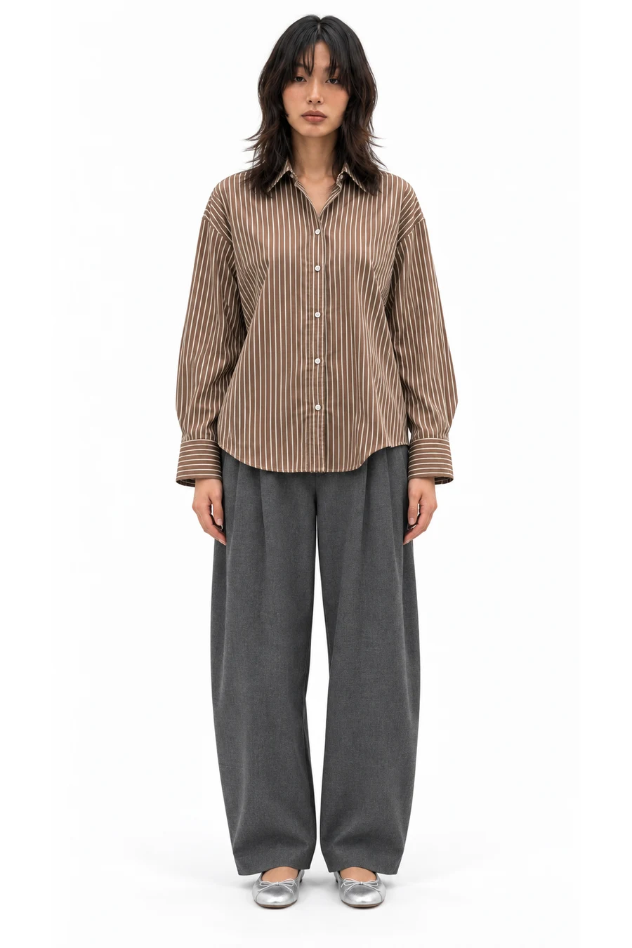 AI outfit preview: STRIPED OVERSIZE POPLIN SHIRT - Brown / Ecru, BARREL PLEATED PANTS - Black / Ecru, LIMITED EDITION LEATHER BALLET FLATS - Silver
